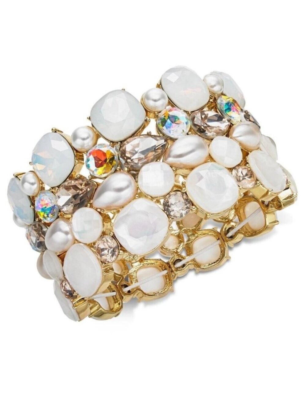 INC GoldTone Faux Pearl Crystal White Stone Cluster Stretch Bracelet New w/ Tags